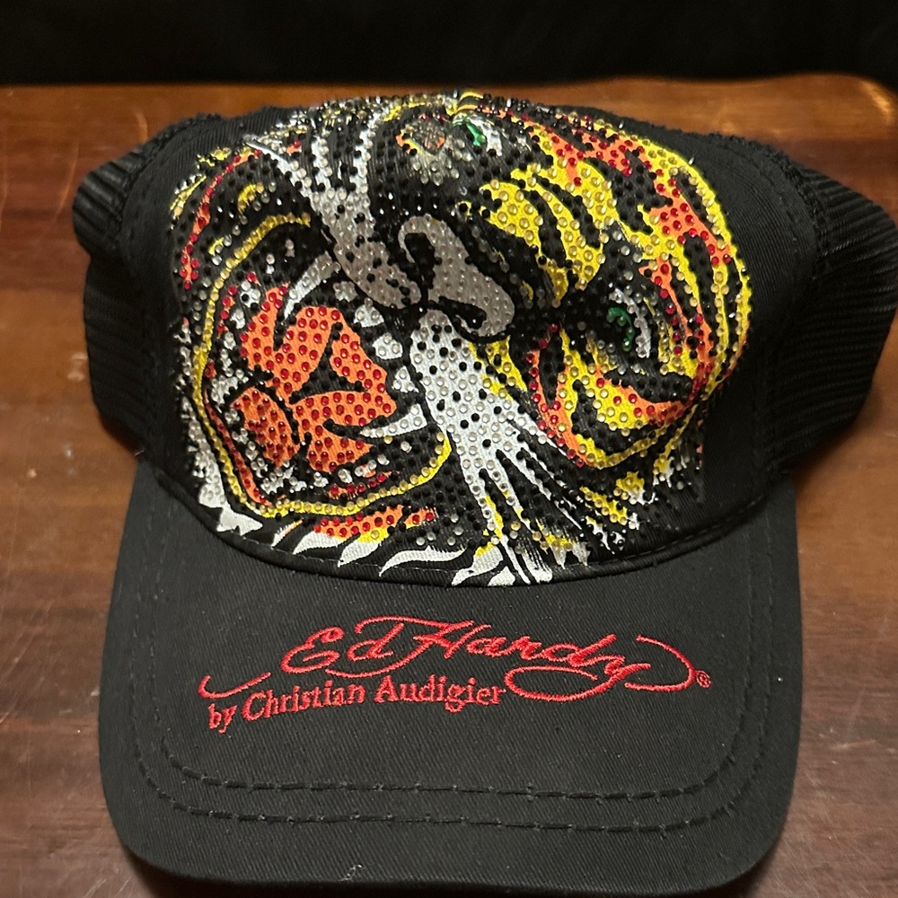 Ed Hardy Black Trucker Hat with Yellow, Orange & Red Tiger Design